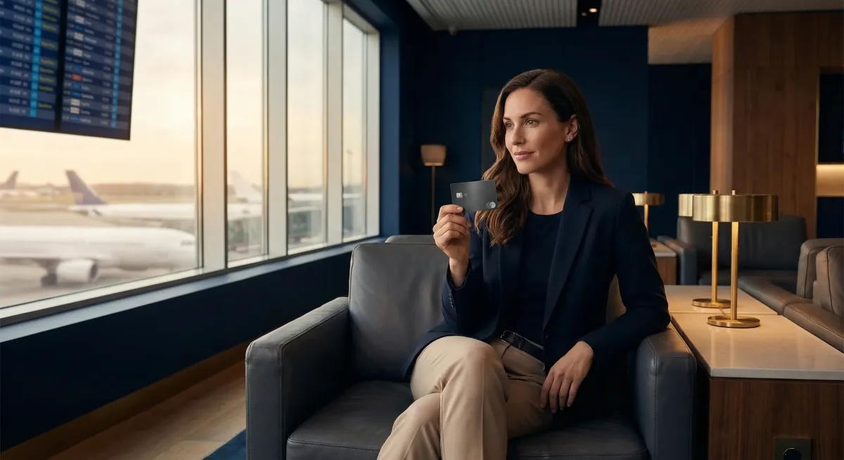 Parrainage American Express 2026 : voyageuse dans un salon aéroport avec sa carte Amex